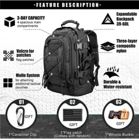 MEN'S Large Capacity Backpack New-black Tactical Daypack Hiking Camping Travel - Picture 2 of 8